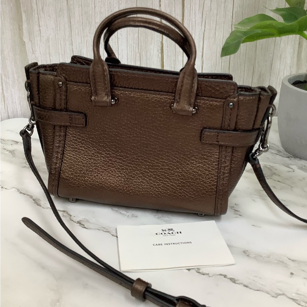 GUC Coach Metallic Pebble Dark Brown Mini Swagger Leather Crossbody Bag - Picture 3 of 9
